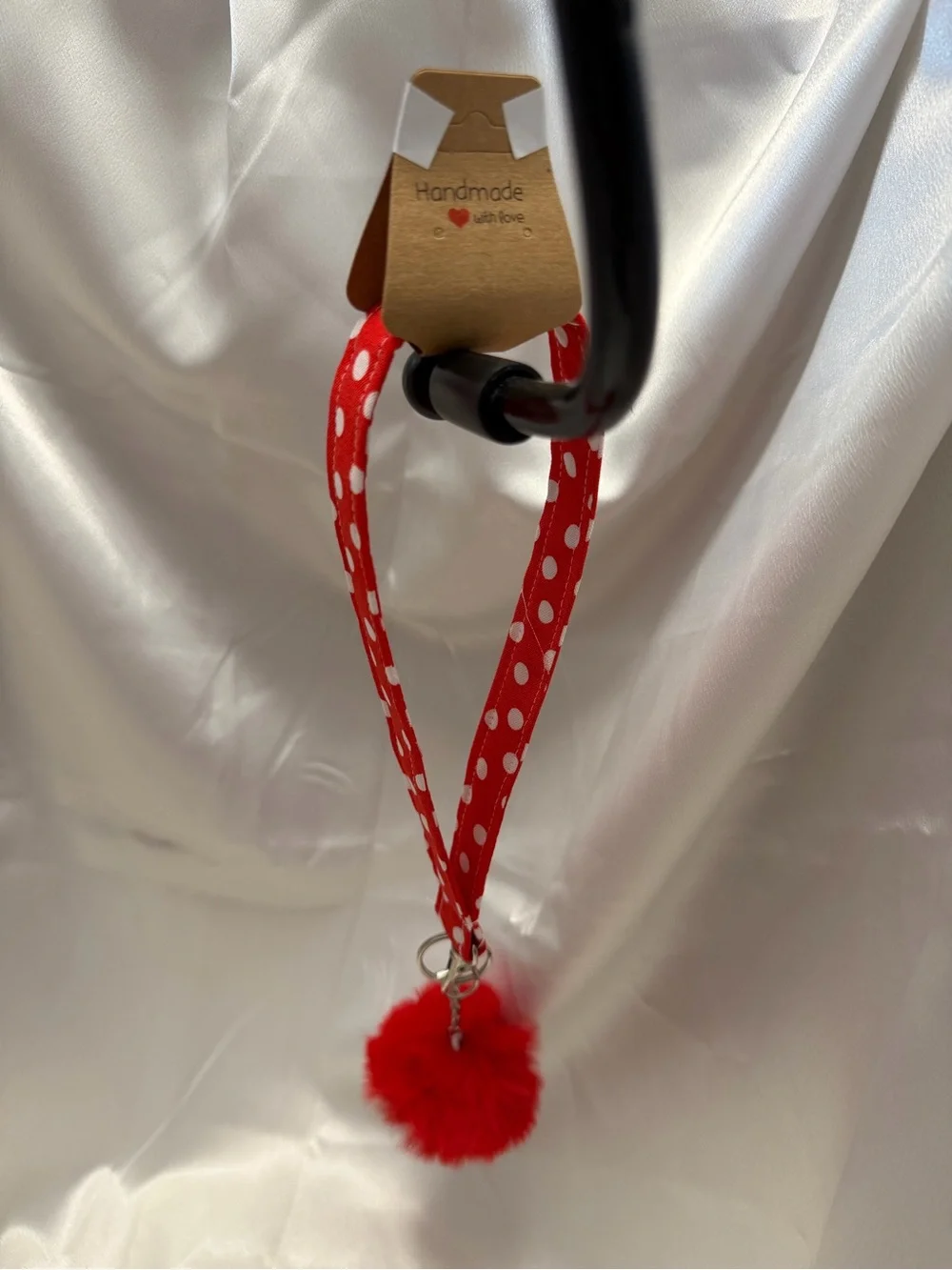 Handmade Red and White Polka Dot Wristlet Keychain with Red Pompom